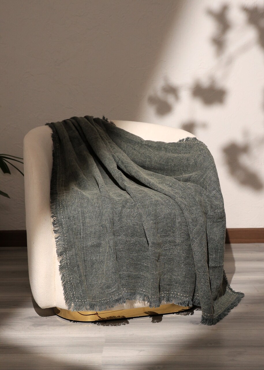 Stonewashed Linen Woven Throw Blanket | Fringe | 52” x 68” | Cozy Decorative Throw